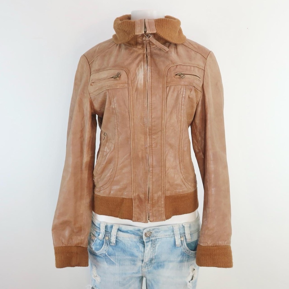 y2k brown leather bomber jacket fitted zip up 2000s